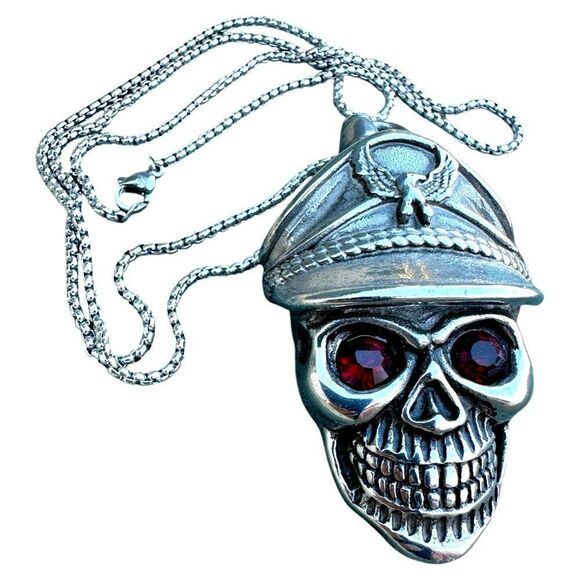 Men's Bold Skull Pendant Necklace with Red Eyes - 24" Stainless Steel Chain - Picture 7 of 17